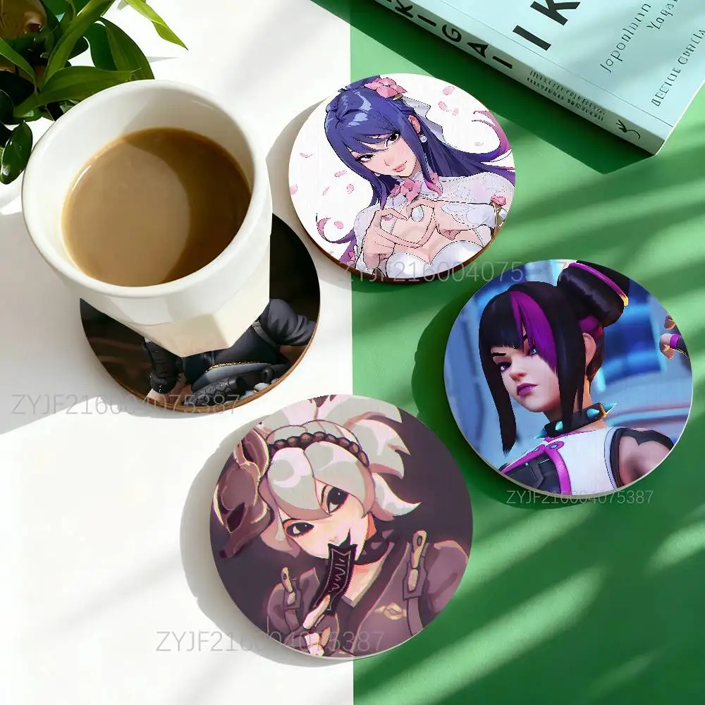 O-Overwatch Kiriko  Round Wooden Coasters Heat Resistant Non-slip Drink Cafe Decoration 2D Flat Color Print Coasters Set