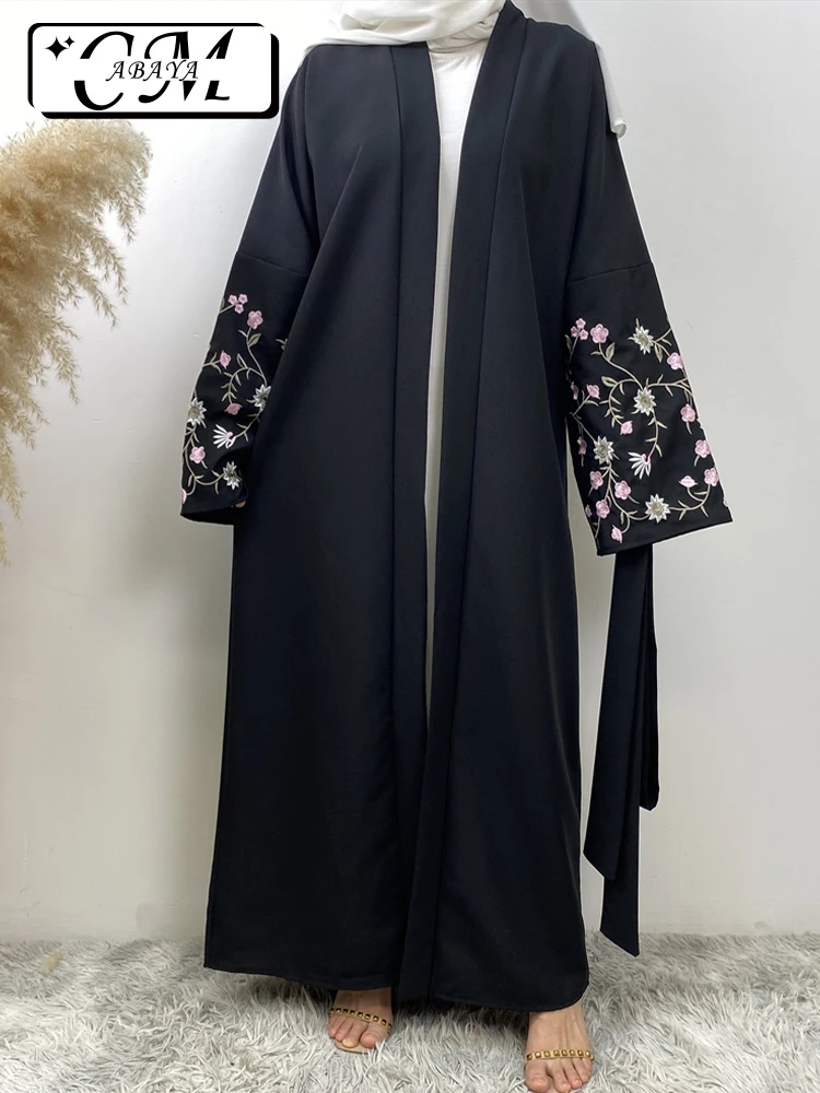 New Linen Abaya Muslim Dresses Women Sleeve Embroidery Modest Eid Dress Pocket Kaftan Moroccan Women Black Long Robe With Belt