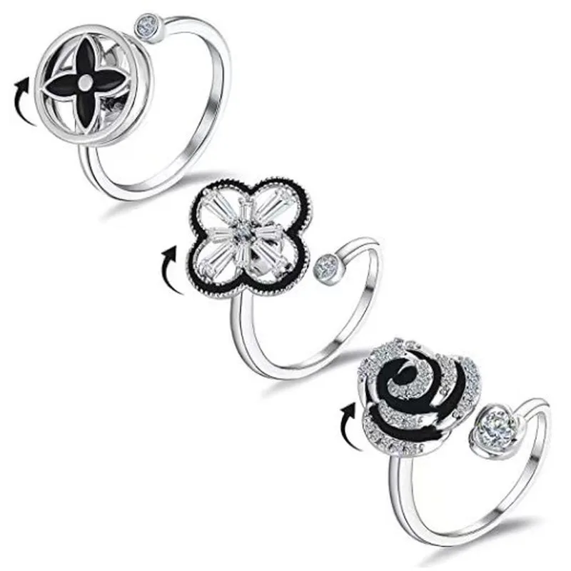 Bohemia Rose Flower Anxiety Ring Fidget Spinner Rings for Women Wedding Jewelry Anillo Mujer Fashion Antiestres Ringen Bague