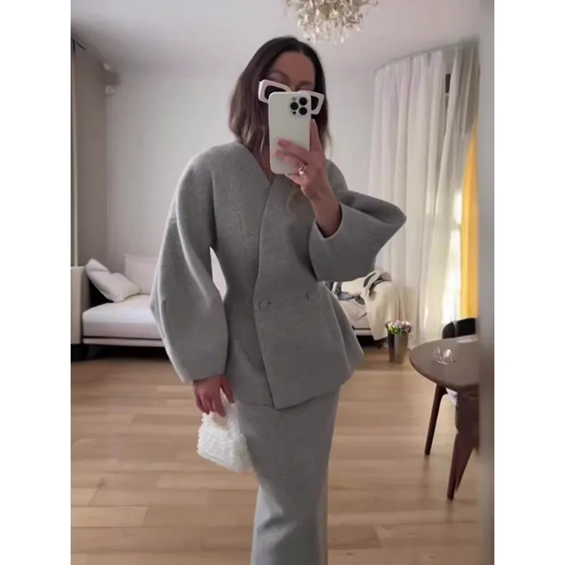 Elegante pofmouwen slim fit hoge taille dames jas rok sets mode v-hals effen knop dame 2-delige set 2024 chique street wear