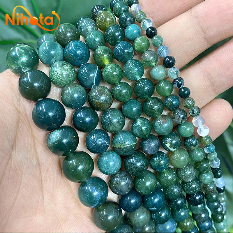 Smooth Moss Grass Green Agates Round Loose Beads Natural Stone for Diy Bracelet Accessories Jewelry Making 15