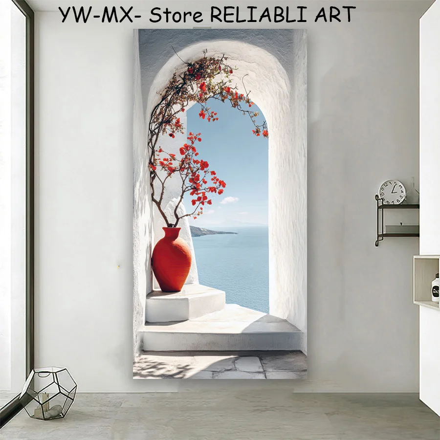 Seaside White Wall Red Vase Landscape Poster and Prints, Modern Canvas Painting Wall Art For Living Room Home Decor No Frame