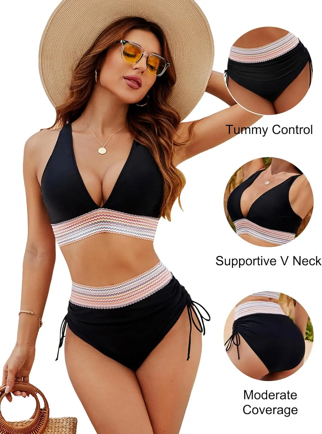 Hoch taillierte Bauch kontrolle Farb block Bikini-Sets Patchwork-Bikini mit V-Ausschnitt, 2-Teiliges Set