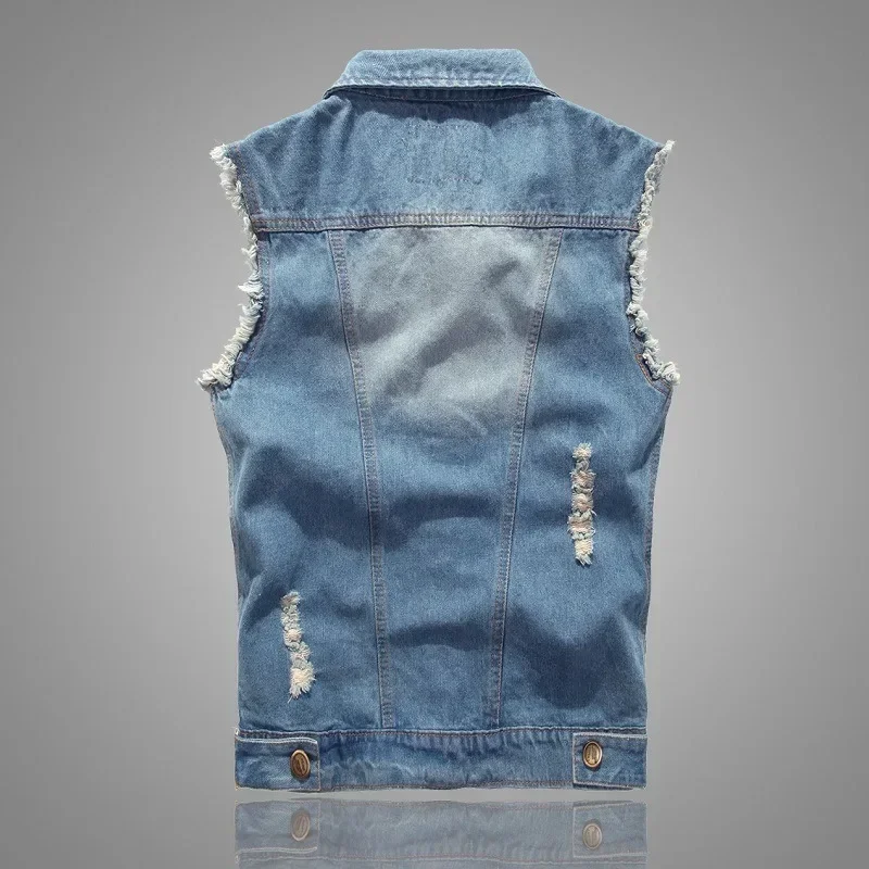 Summer Mens Ripped Denim Vest Male Tank Top Washed Jeans Waistcoat Man Retro Cowboy Hip Hop Sleeveless Jacket for Men