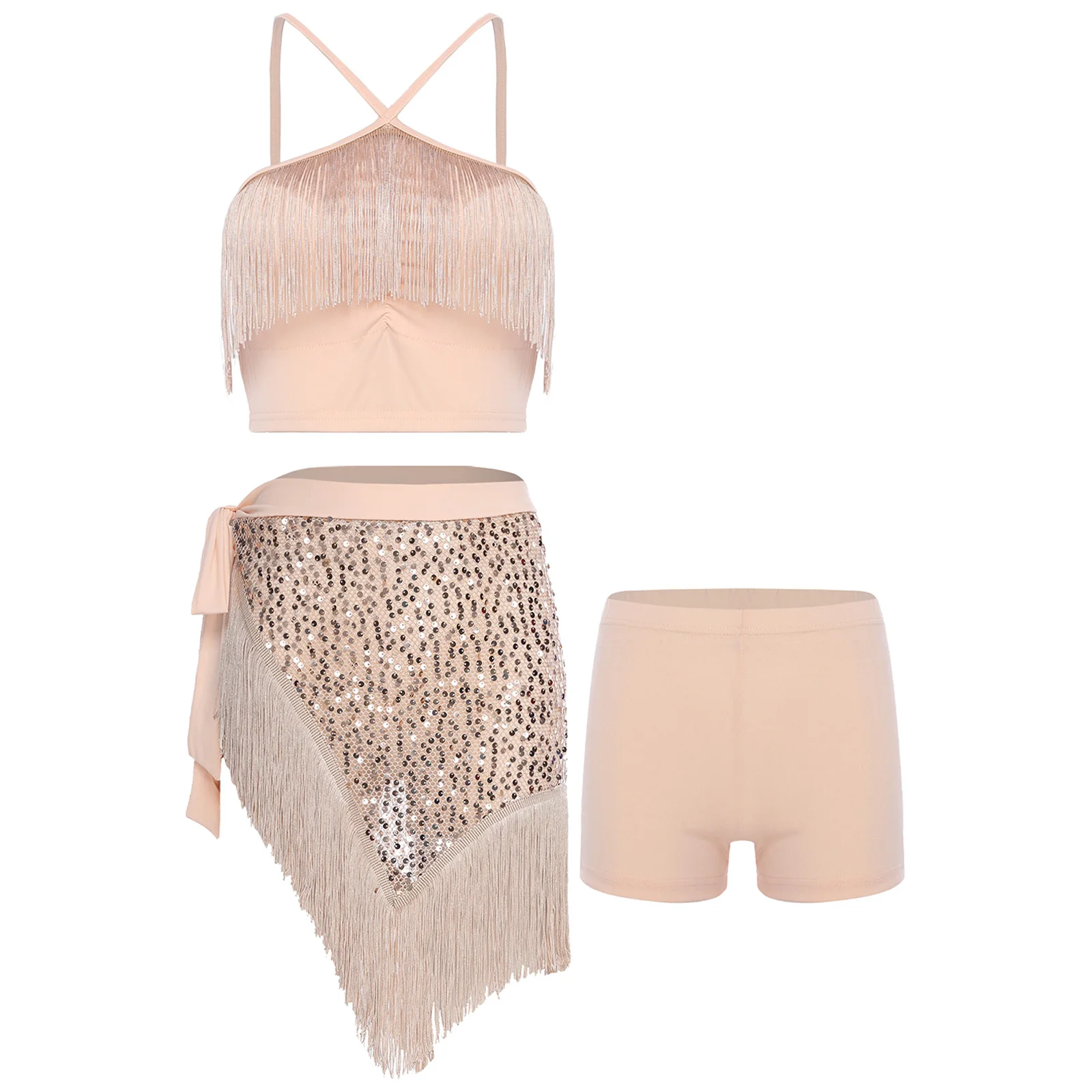 

Women Latin Tango Belly Dance Costume Sets Tassel Crop Top Safety Shorts And Shiny Sequin Lace-up Hip Scarf Show Party Outfits