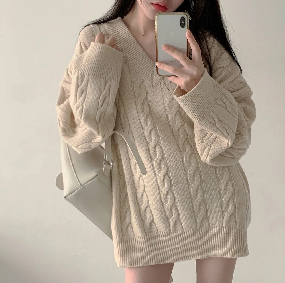 

Корейский свободный ленивый осенне-зимний свитер с v-образным вырезом, женский свитер с жареным тестом, простой толстый вязаный топ