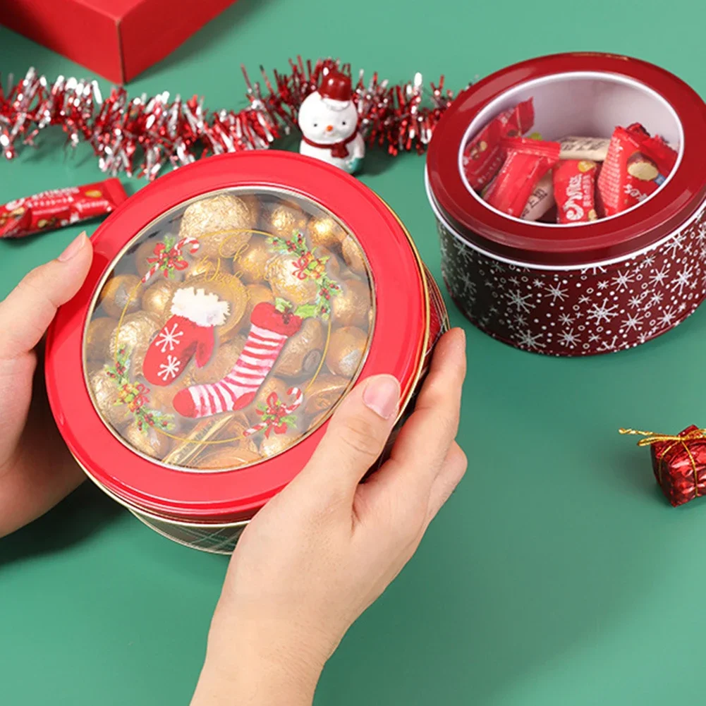 Christmas Round Tinplate Candy Box Empty Cookie Tin Box Biscuit Can Xmas Candy Cookie Packaging Container