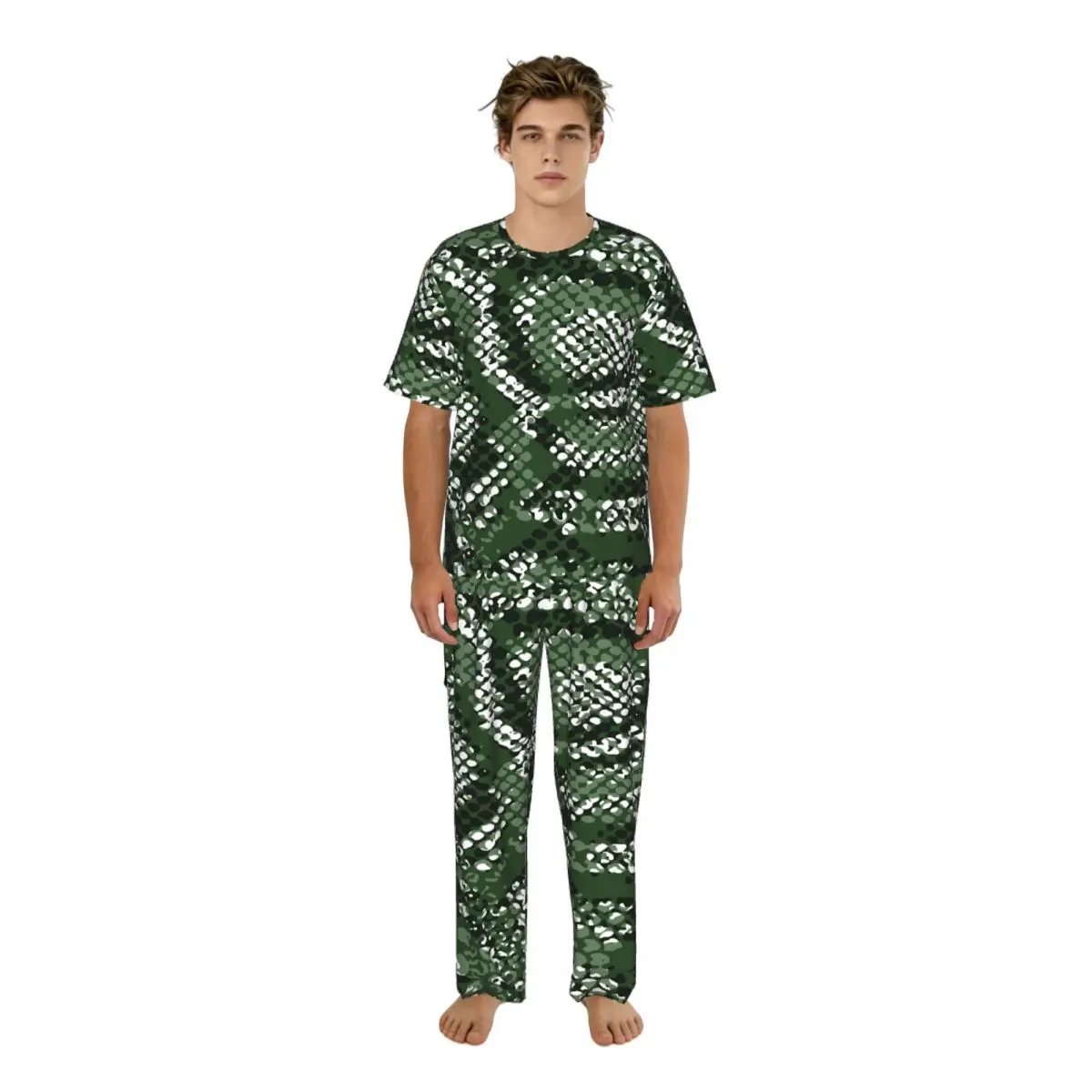 

Sleepwear Summer Spring Home Clothes Green Snake Skin Pattern Short Sleeve Long Pant Nightwear