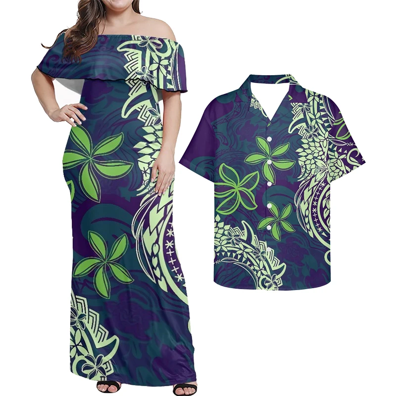 HYCOOL Hawaiian Polynesian Tribal Off Shoulder Dress Green Hibiscus Print Maxi Dresses For Women Summer 2022 Couple Wedding Sets