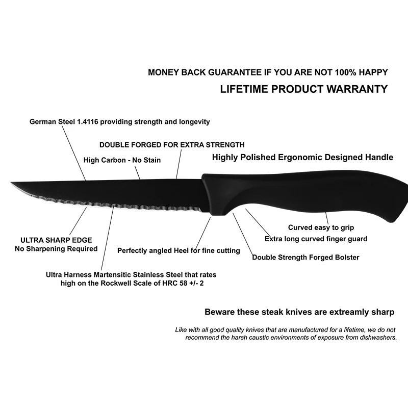 Table Knife Set  4/6/8Pcs Black Matte Comfort Handle Paring Knives German Stainless Steel Serrated Non Stick Steak Knives Set