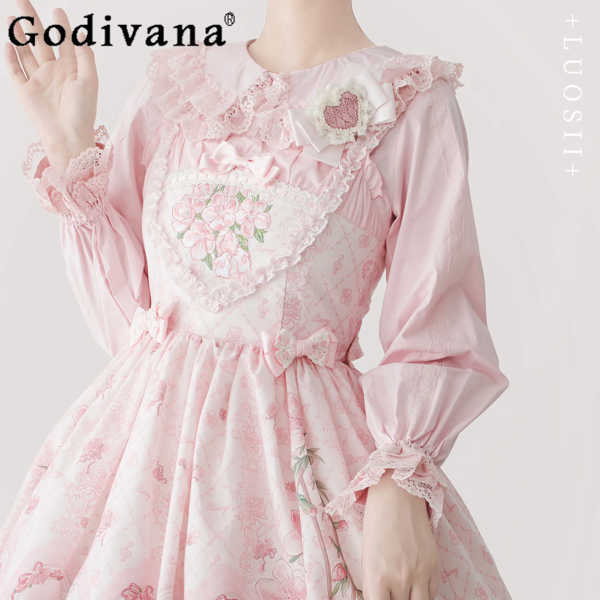 

Japanese Sweet Lace Lolita Inner Ner Shirt Girl Harajuku Kawaii Puff Sleep Peter Pan Collar Top Women Slim Elegant Pink Blouses