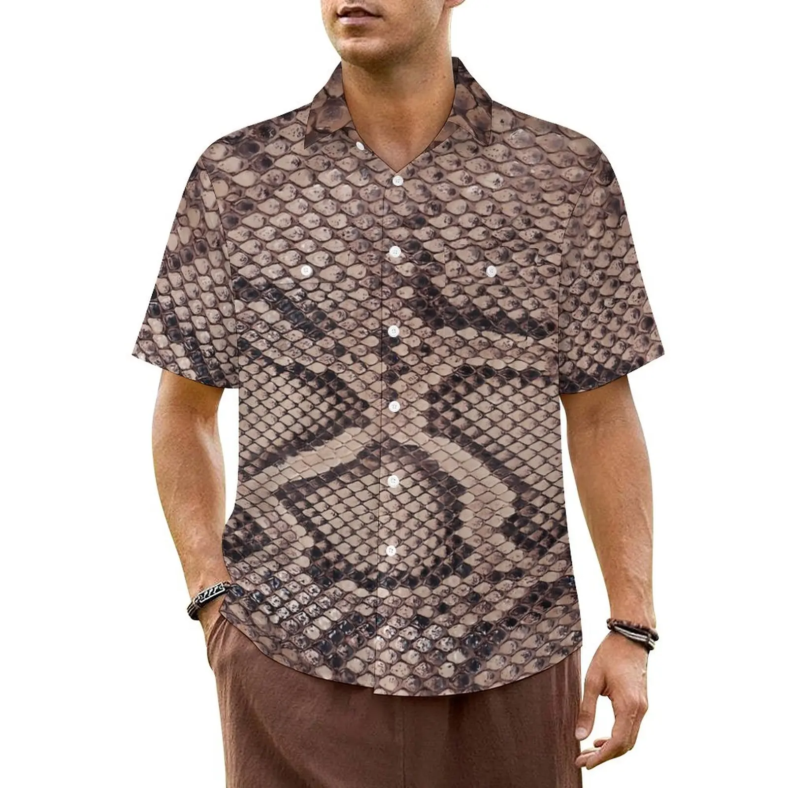 Brown Snakeskin Hawaii Shirt For Man Beach Animal Print Casual Shirts Short Sleeve Stylish Graphic Elegant Plus Size 6XL Blouses