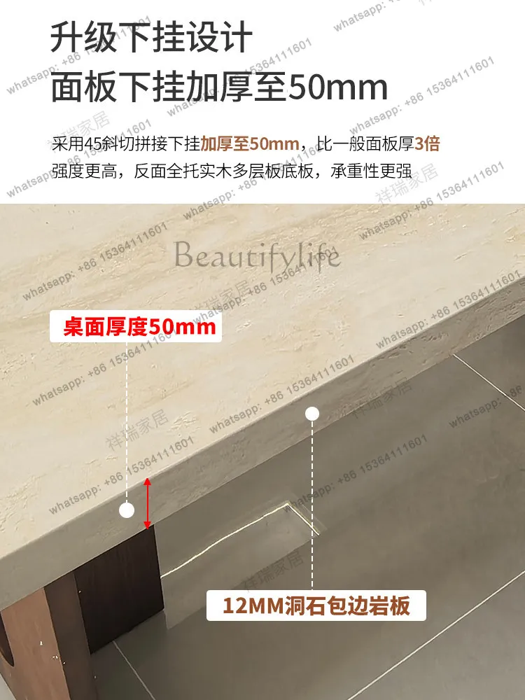 Rectangle travertine rock slab dining table and chairs 2026 new French living room home solid wood dining table