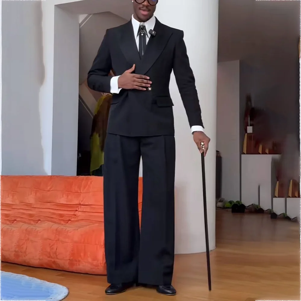 

Черный мужской костюм из двух предметов (куртка + брюки), свободный крой, двубортный пиджак, высокое качество, повседневный комплект для выпускного вечера, свадьбы