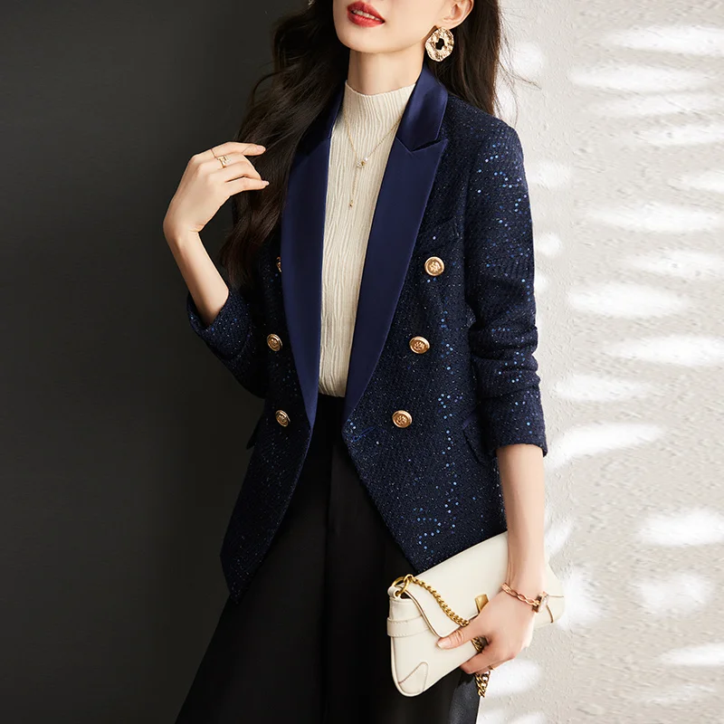 

YIBAKA Slim Blazers for Women 2023 Fashion Long Sleeve Double Breasted Coats Office Ladies Casual Turn Down Collar Shiny Jacket