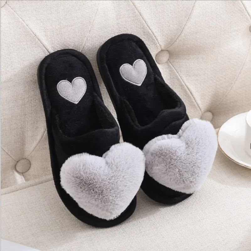 Autumn and Winter Heart Shaped Slippers Women\'s Warm Non-slip Platform Shoes Indoor Fashion Cute Cotton Slippers Chaussons Plats