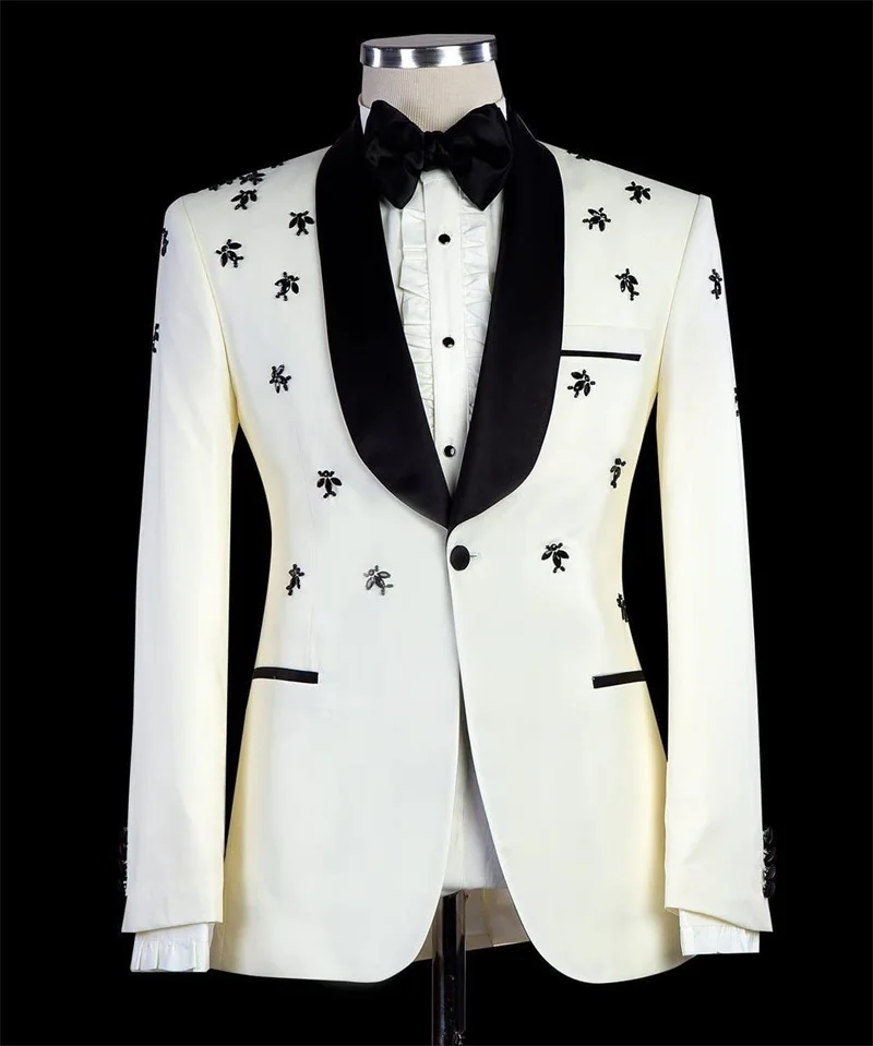 

White Men Suits Set 2 Pieces Beaded Blazer+Black Pants Trousers Cotton Wedding Tuxedos Jacket Formal Office Red Carpet Coat