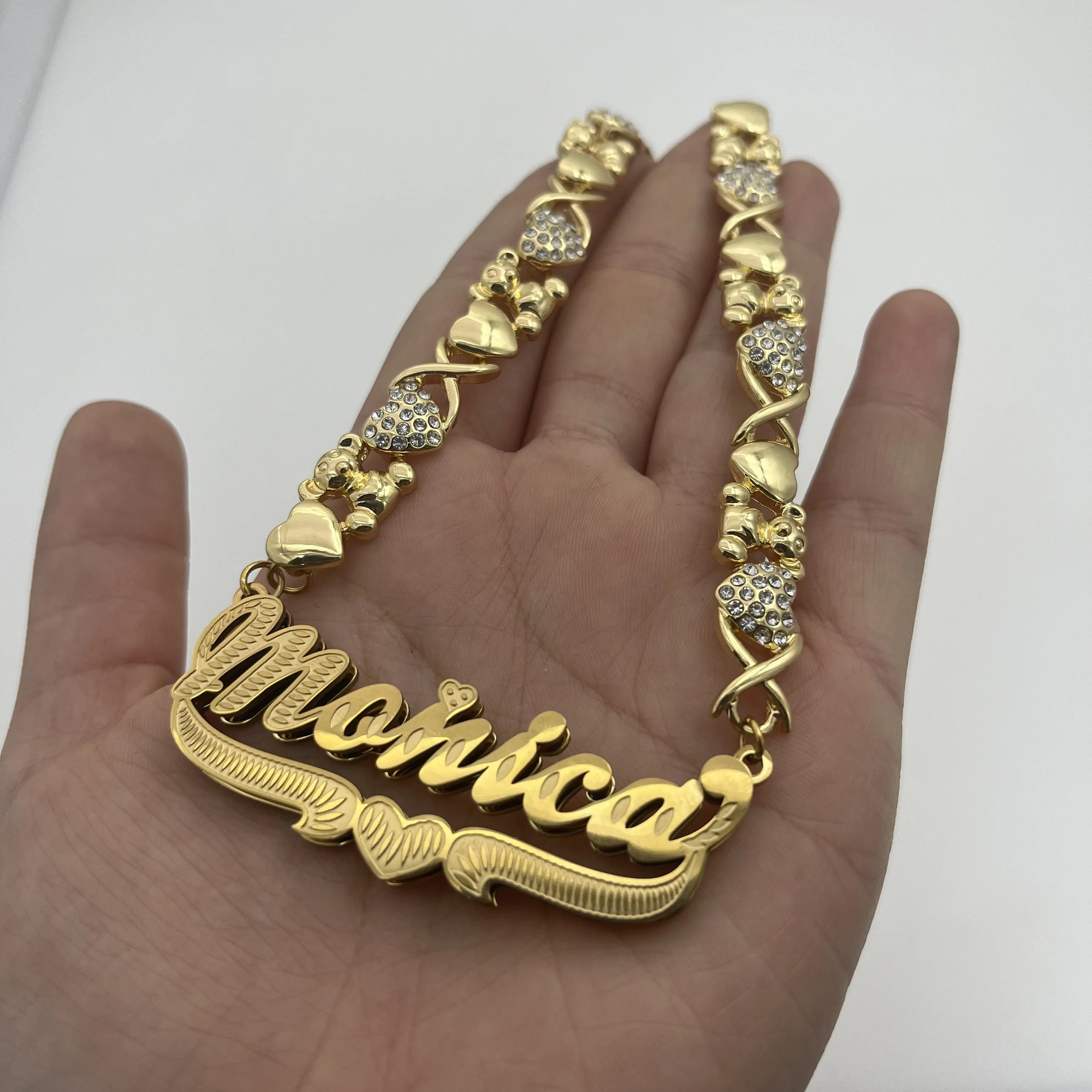 Personalized Name Necklace - Teddy Bear Chain XO Necklace 18K Gold Plated Double Nameplate Custom Jewelry Gift for Women Teens