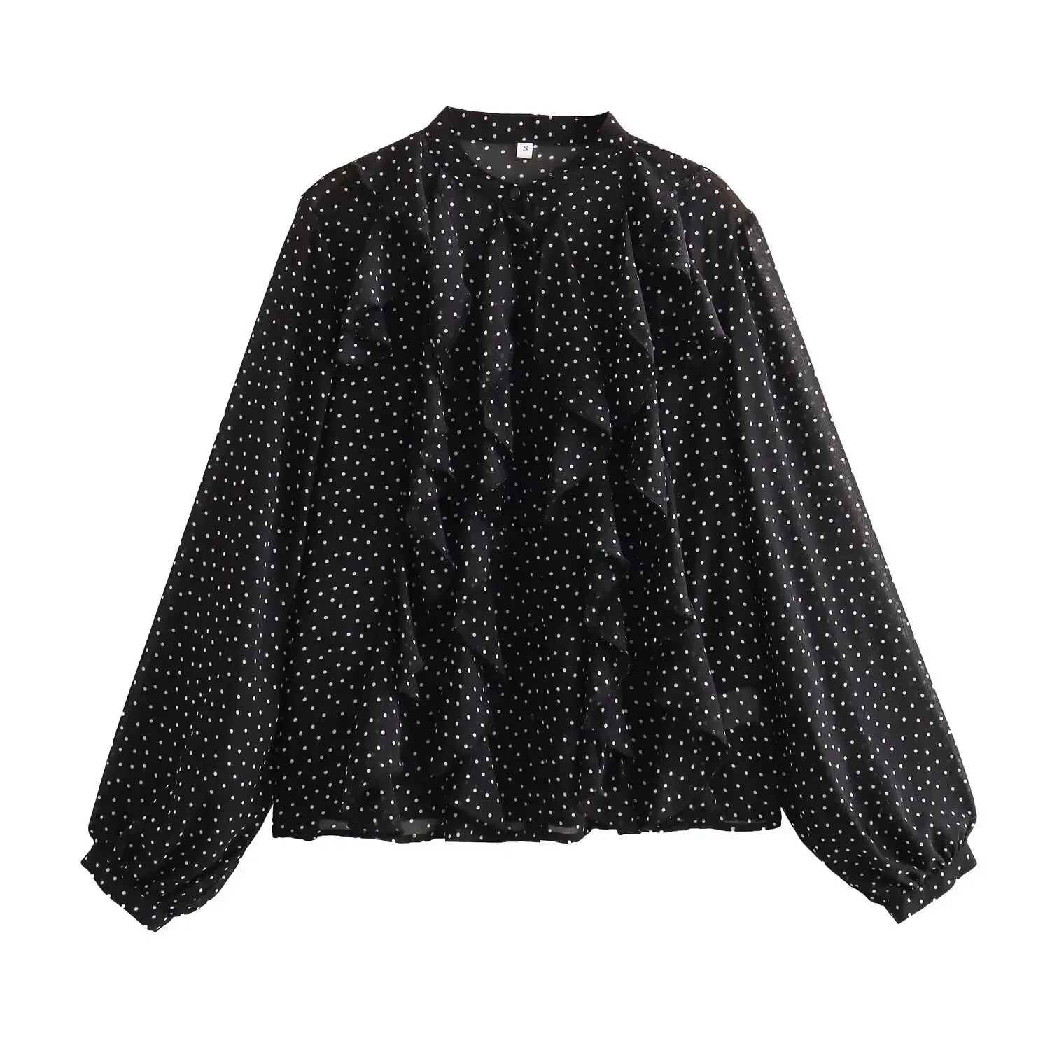 

ZBZA Women's Layered Polka Dot Print Shirt Ruffled Stand Collar Single-breasted Long-sleeved Loose Cropped Blouse Summer New Top