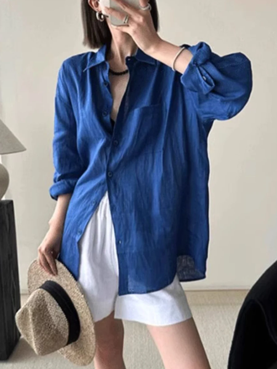 E Csa de Lino de Manga Larga, Ajuste Hoado, ra, de Aodón y Lino, Csa Azul Versátil, Estilo Cárdigan Abie...