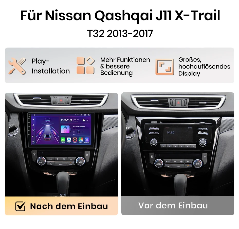 Android Autoradio für Nissan Qashqai J11 X-Trail 3 T32 2013-2017 Apple CarPlay, Multimedia- GPS-Navigation, BT, 4G, WLAN, FM, AM