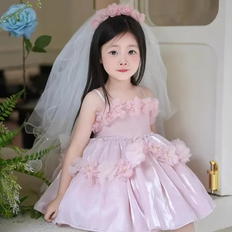 2026 New Dress Kids Tutu Gown Wedding Flower  Pink Floral Girls Spaghetti Strap PrincessGirl Birthday Party Kids Formal Clothes