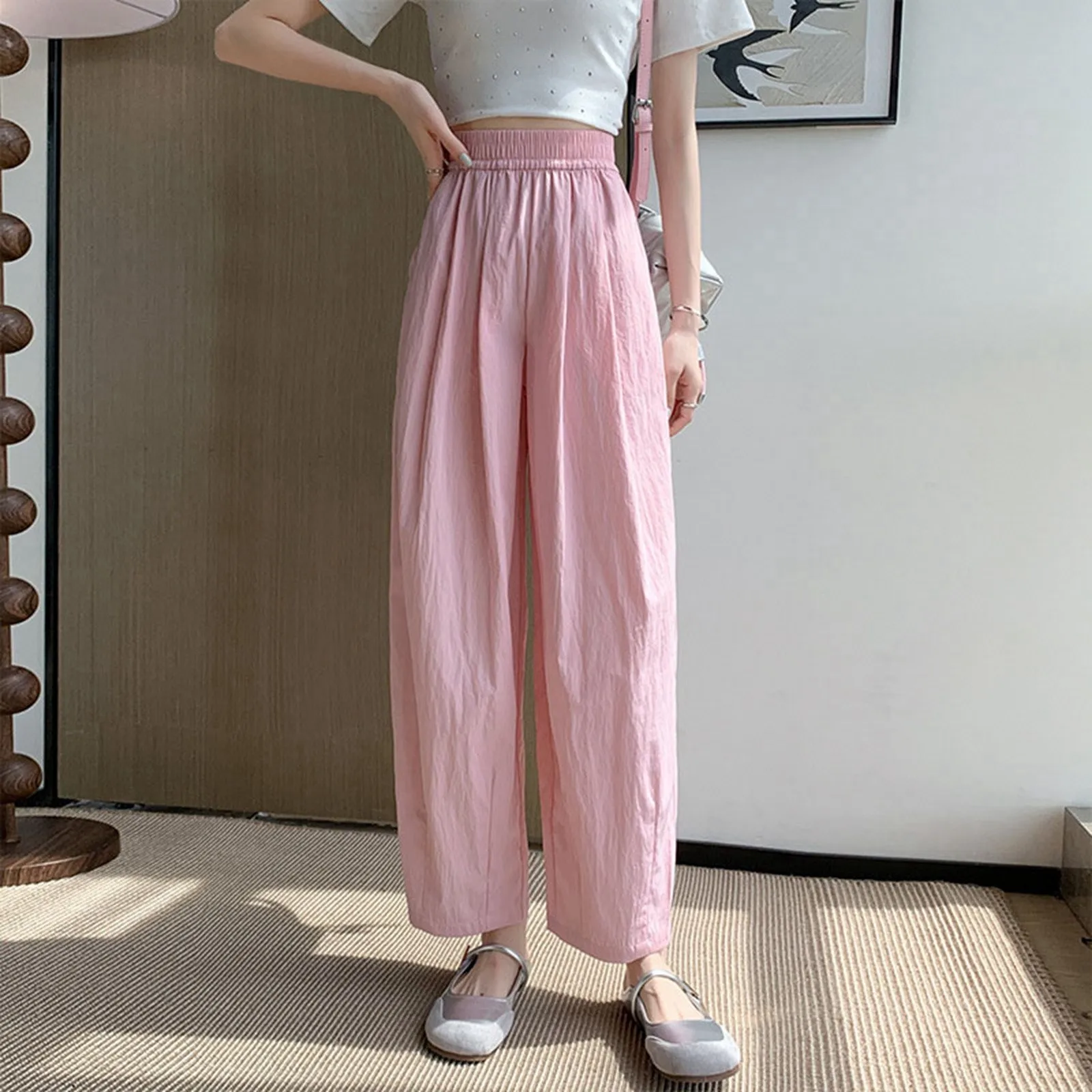 

Women's Summer Thin Comfortable High Waist Loose Wide Leg Pants With A Sagging 9/4 plus Size Casual Pants for Women Petite
