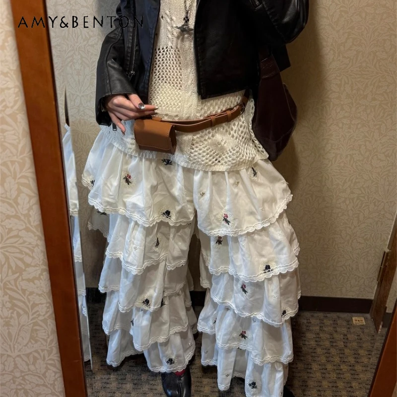 

Japanese White Multi-layer Ruffle Leaf Edge Women's Cake Wide-leg Culottes New Design Sense Loose Versatile Fashion Pants Ladies