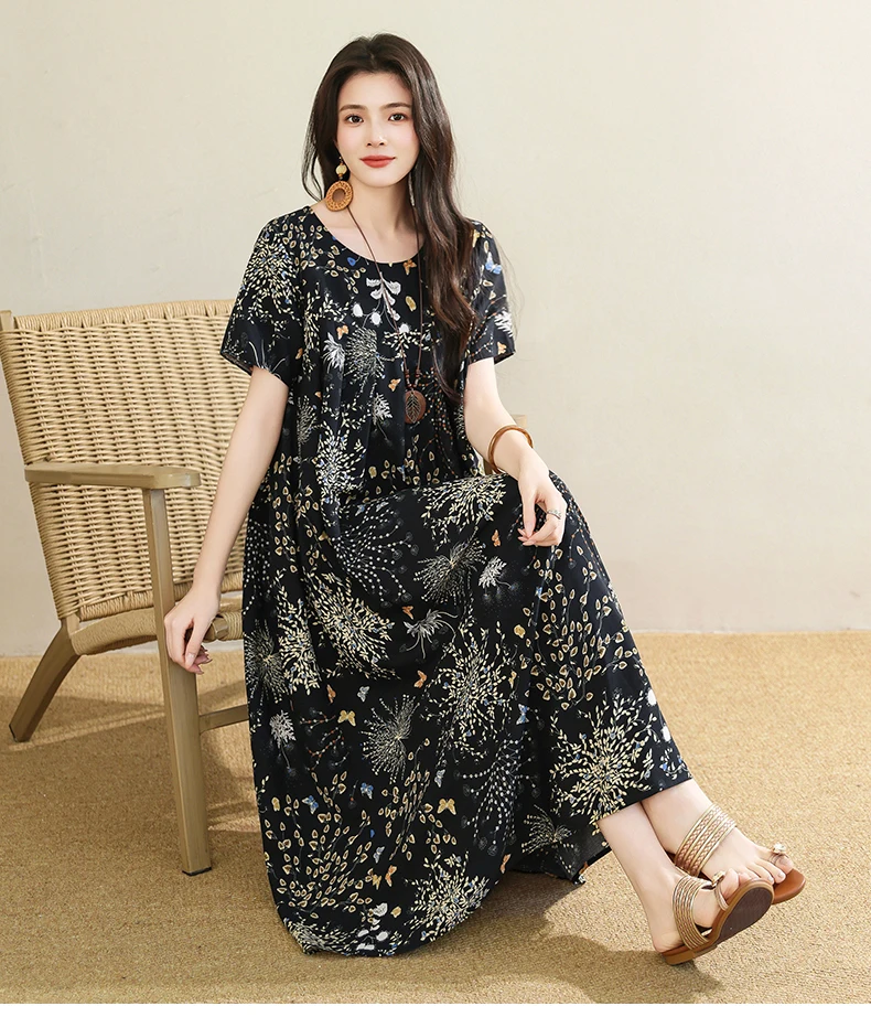 New 2025 Summer Dress For Women Plus Size Dress Casual Short Sleeve Boho Vintage Print Long Maxi Dress Beach Women Clothing