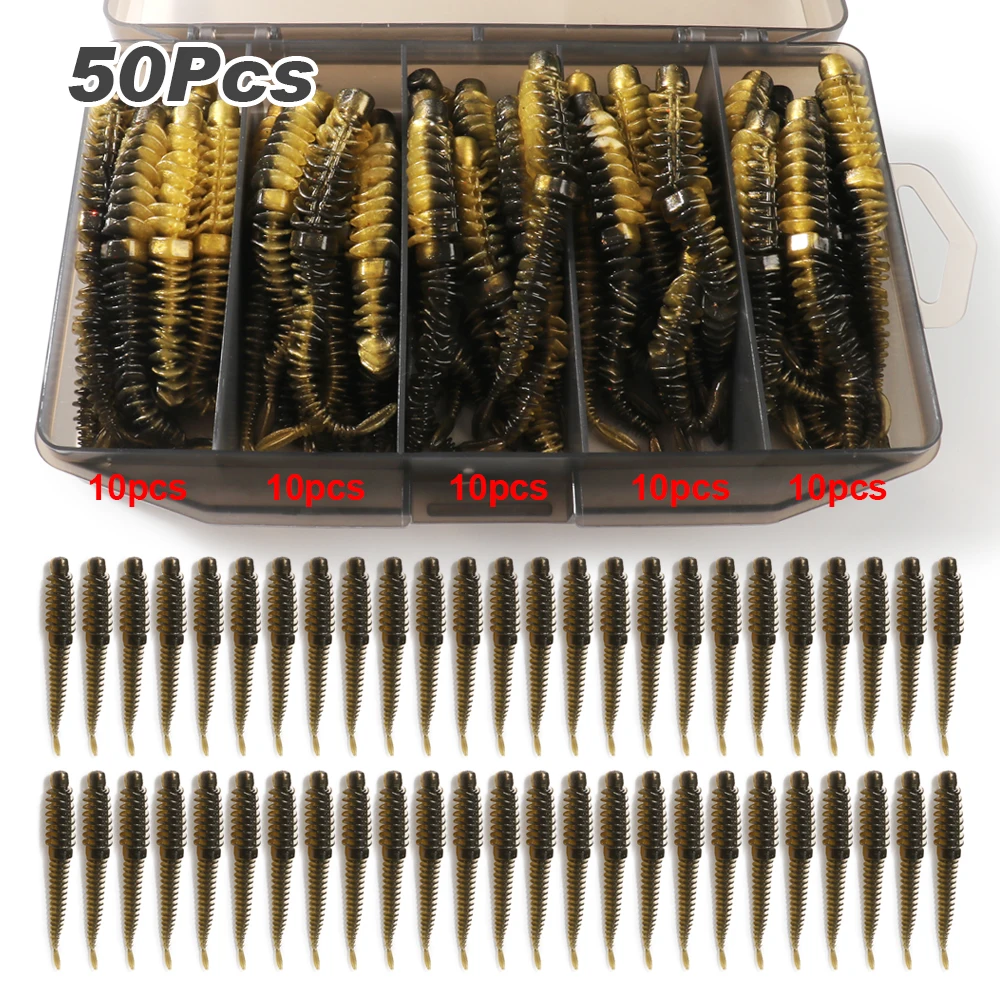 50 Stück/Box Weiche Köder 6,5cm 7,5cm 8,5cm TPE-Wurm mit Jighaken Karpfenangeln Pesca Swimbait-Ausrüstung Fischgeschmack Angelzubehör-Box Köder