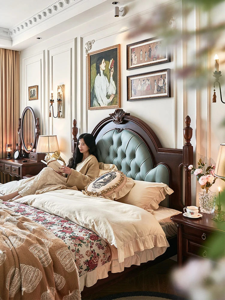 

Customizable American leather buckle soft French retro furniture master bedroom pillar carved 1.8 meters double bed