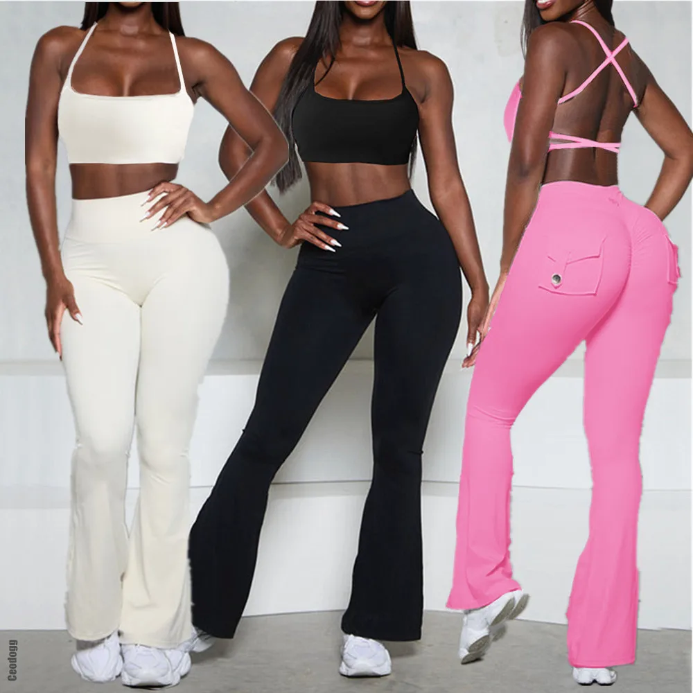

QK Nude Pocket Button Flare Leggings High Waist Wide Leg Yoga Pant Women Gym Fitness Sport Dance Trousers Active Bottoms XP303