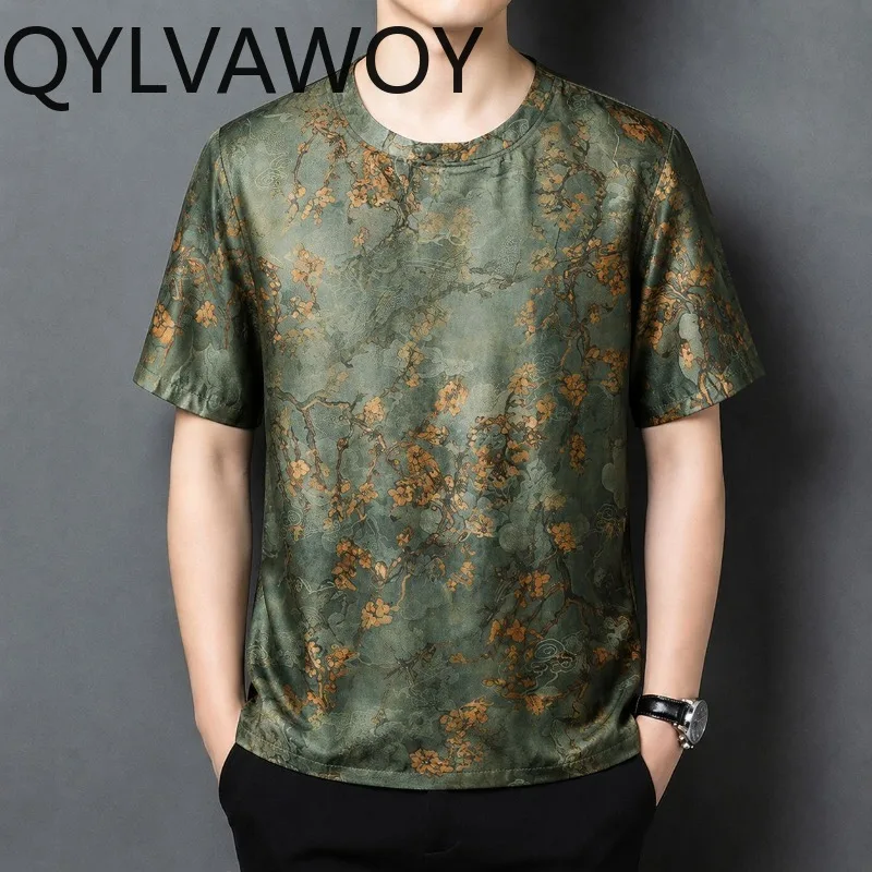 QYLVAWOY 100% Mulberry Silk T Shirt Thin Men's Shirts Xiangyunsha Short Sleeve Shirt Loose T Shirt Homme 2026 Summer Tops 반팔티