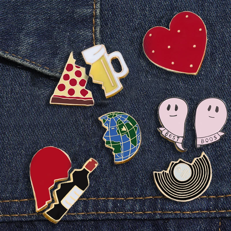 Personality Creative Fashion Brooches Jewelry Half Heart Pizza BEST Women Cute Enamel Pins Badge Couple Clothes Hat Decoration