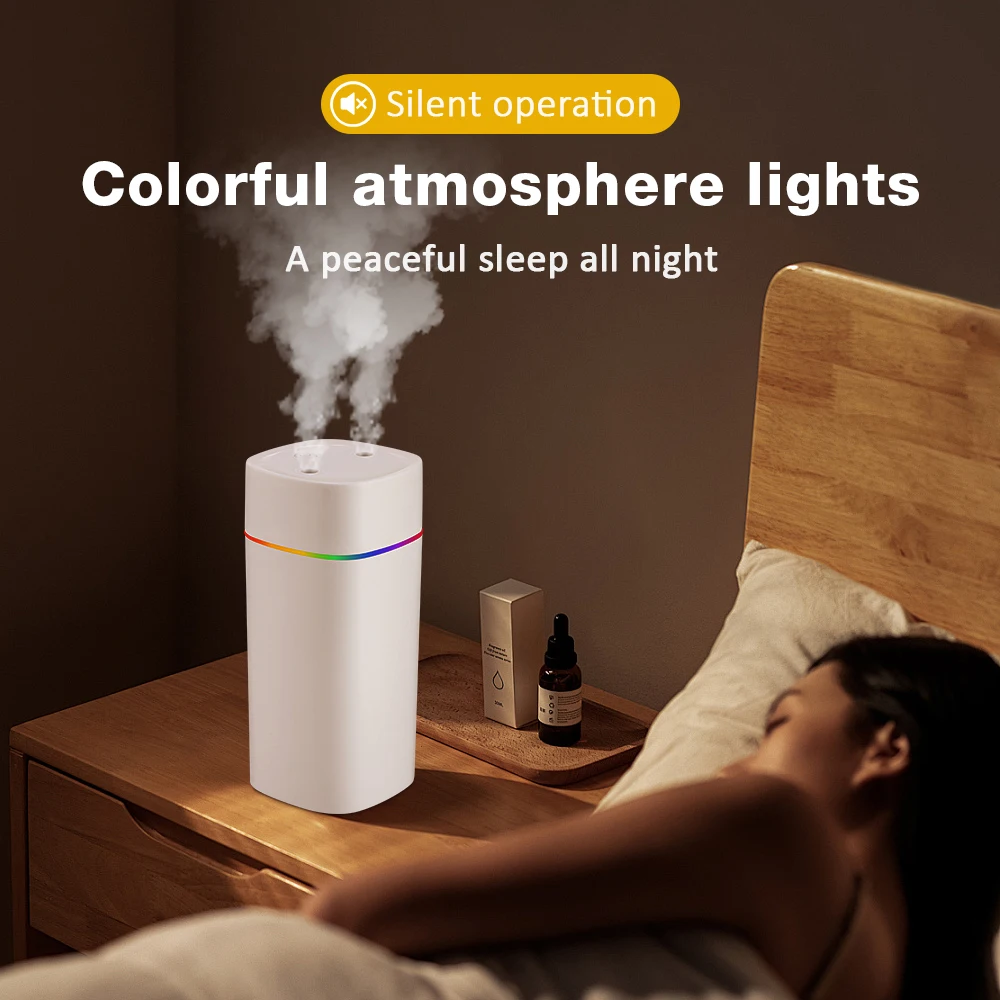 Portable Air Humidifier Double Spray Port Essential Oil Aromatherapy Mute Atomizer Colorful Lights For Home Office Car 600ML USB