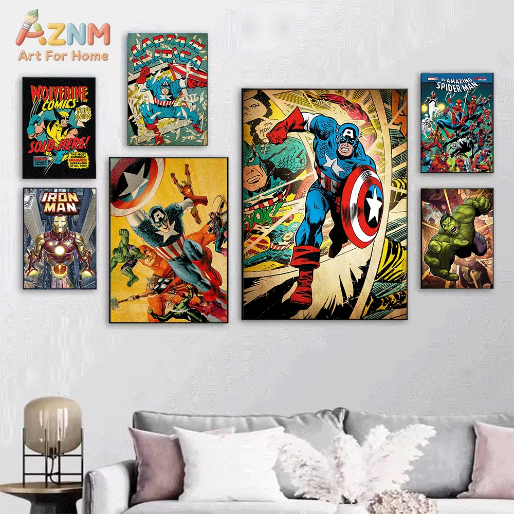 AZNM Vintage Marvel Comic‑Style Canvas Wall Art Frameless Print Retro Spider‑Man Captain America Iron‑Man Hulk Wolverine Class