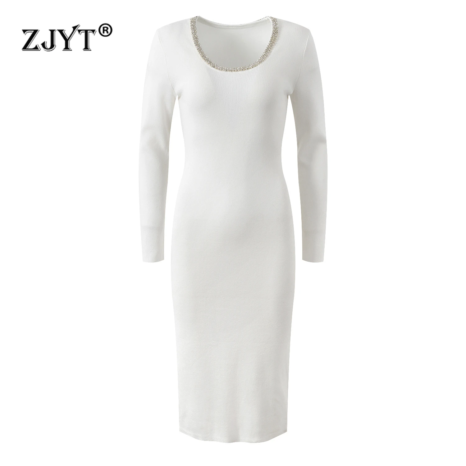 

ZJYT Elegant Beading O Neck Knitted Sweater Dresses for Women Autumn Winter 2024 Fashion Long Sleeve White Brief Bodycon Dress