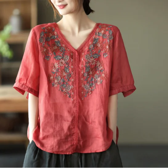 Spring Summer Literary Vintage Embroidery Cotton Blouses Loose Casual All-match Oversized Shirt Elegant Half Sleeve Top Women