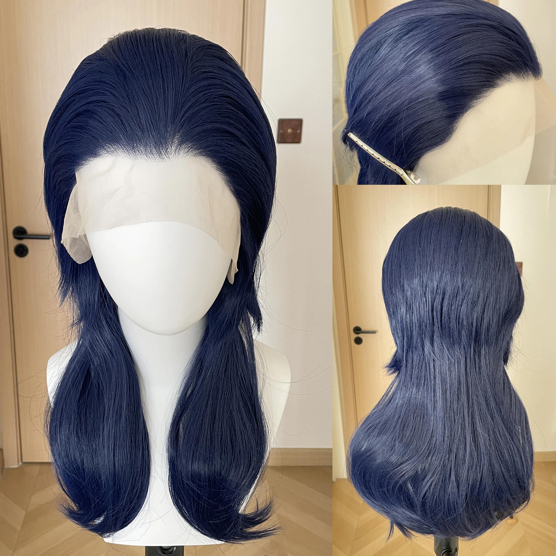

Dark Blue Shoulder Length Mullet Wigs for Men Short Curly 13x4 Synthetic Lace Front Wig for Women Glueless Layers Ponytails 150%