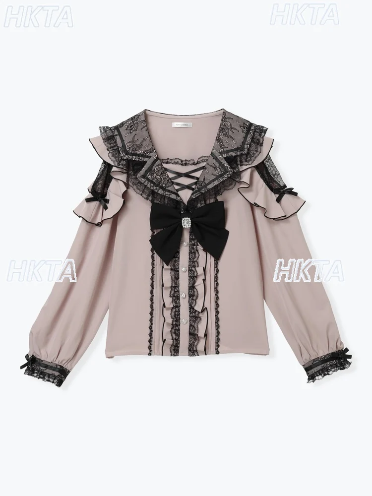 Japonais automne Production de masse mignon col marin dentelle hors de l'épaule nœud à manches longues chemise femmes doux plissé blanc Blusas