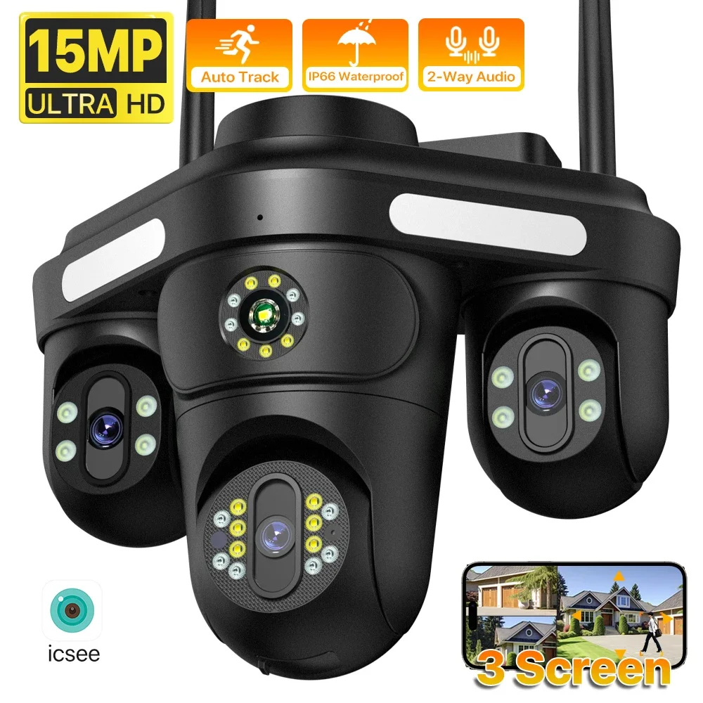 

Outdoor 15MP HD Three Screen WIFI IP Camera Three Lens PTZ Camera Ai Human Detection CCTV Video Security Cam iCsee