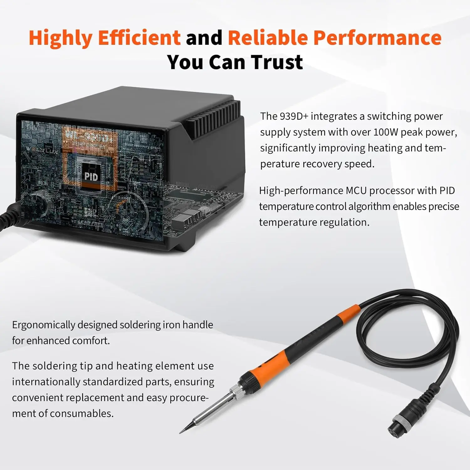 939D+ Digital Soldering Station, 100W PID Temp Control, Fast Heating, ESD Safe, Lead Free, Orange