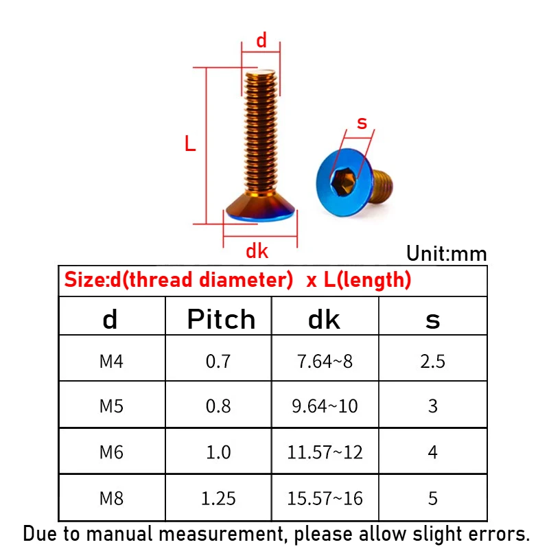 M4-M8 Stainless steel with titanium plated Blue flat head hex socket countersunk head screw for Bike motorcycle car DIY screws