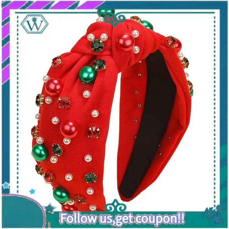 

A09P Xmas Christmas For Women Headband Pearl Knotted Red Green Rhinestone Crystal Jeweled Hair Band Red