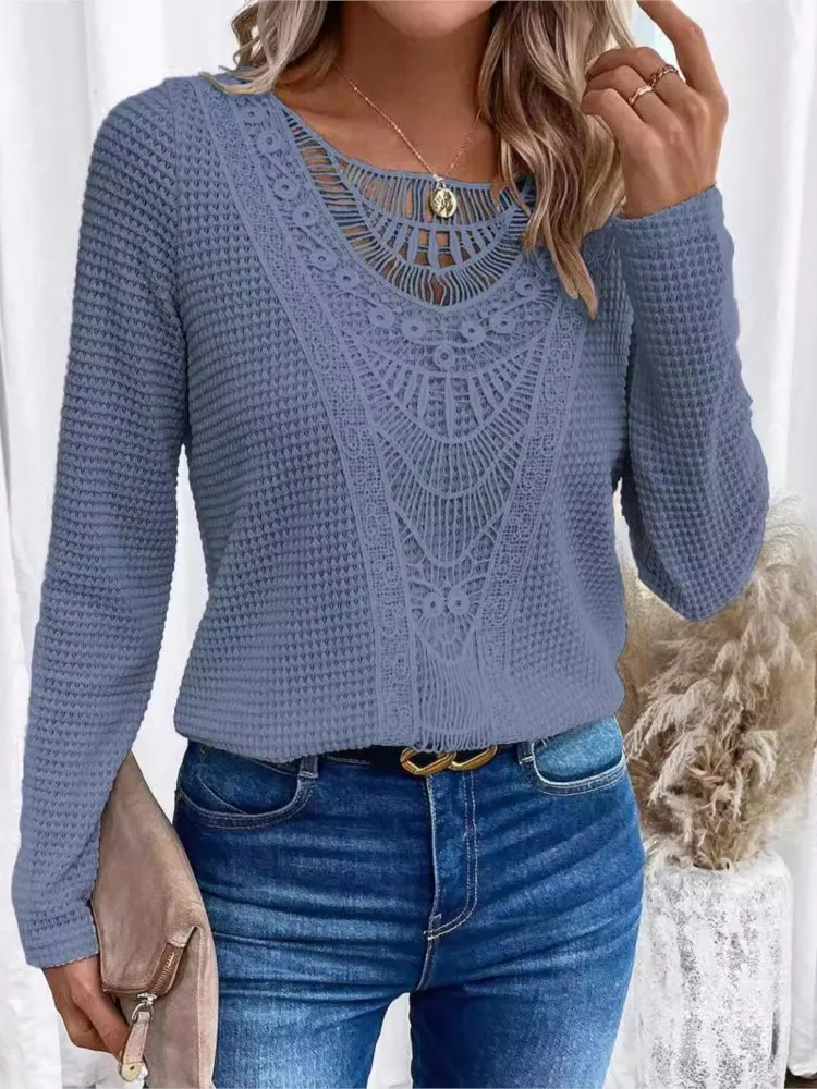 Autumn Winter New Knitted Long Sleeved Women\'s T-shirt Casual Loose Mesh Stitching Fashion Solid ColorFemale Office Knitted Top