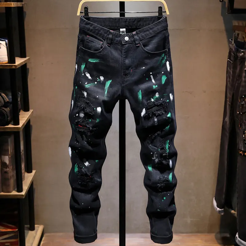 

Street Designer Fashion Men Jeans Black Stretch Slim Fit Painted Ripped Jeans Men Patched Hip Hop Vintage Y2K Denim Pants Hombre