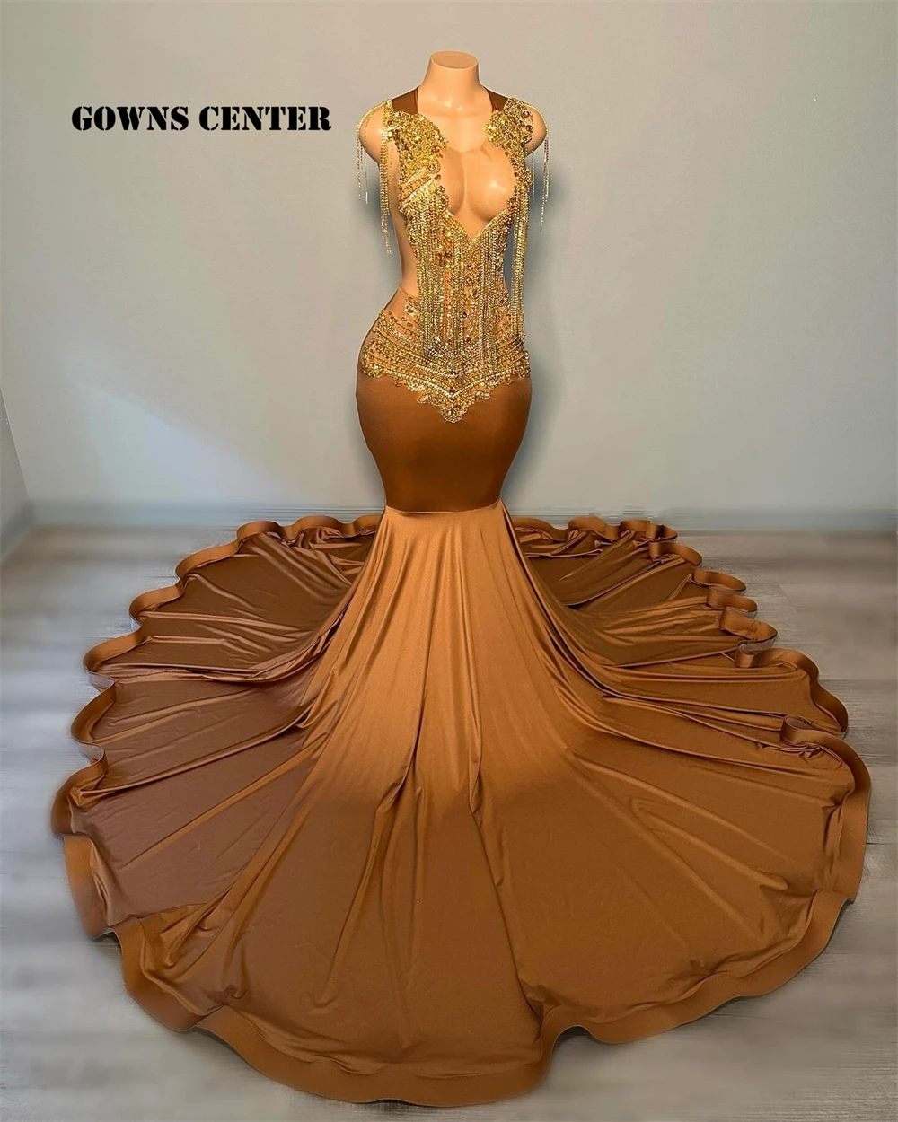 Coco Brown Mermaid Gold Rhinestones Prom Dresses For Party Wedding Evening Beaded Formal Dress V Neck Party Gowns Customized