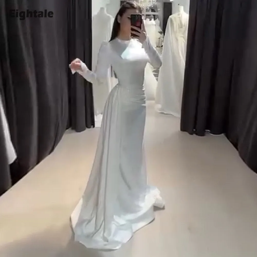 

Eightale Arabic Wedding Dress Customized High Neck Beaded Pleats Long Sleeves Mermaid Satin Muslim Bridal Gown Robe De Mariée