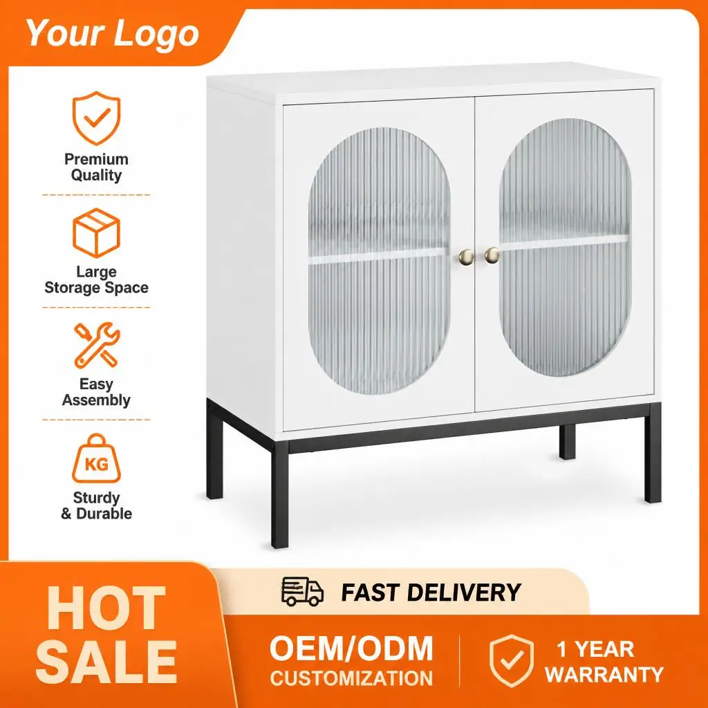 Credenza in Rattan e Legno con Porte in Vetro, Mobile Console Contenitore, Ripiano Regolabile, Stile Classico per Salotto, Cucina, Sala da Pranzo o Corridoio
