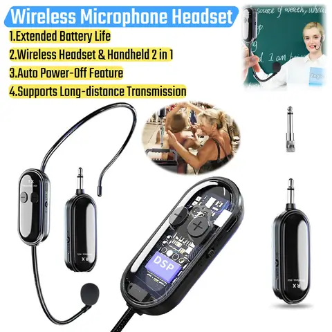 2.4G Wireless Headset & Handheld 2 in 1 Mic Long Range Mic System Headset Mic for Teaching Stage Performers Fitness Instructors